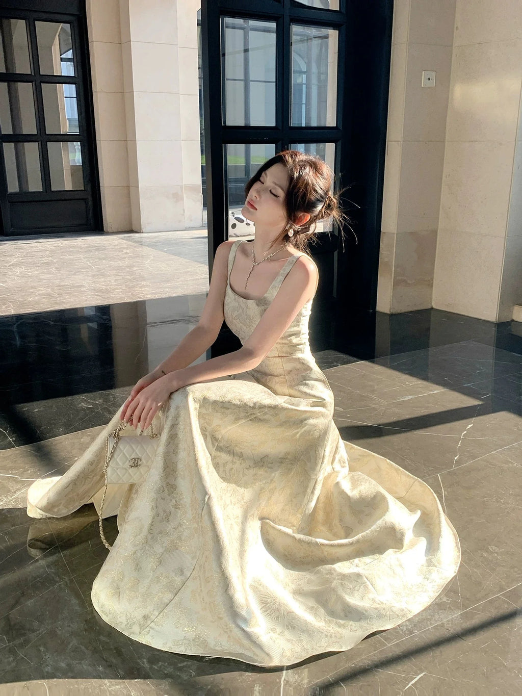 Ivory Square Neck Jacquard Maxi Prom Dress