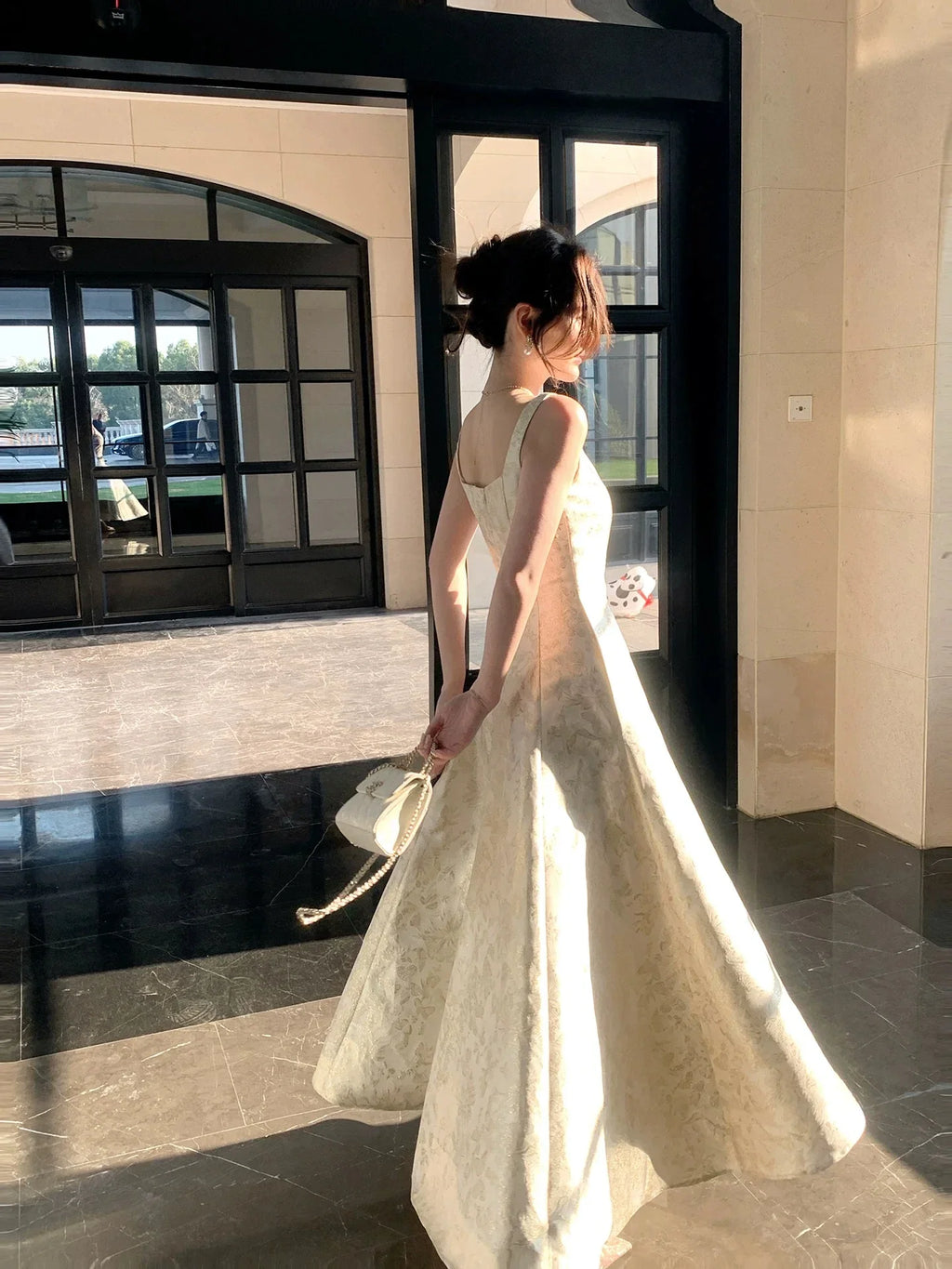 Ivory Square Neck Jacquard Maxi Prom Dress