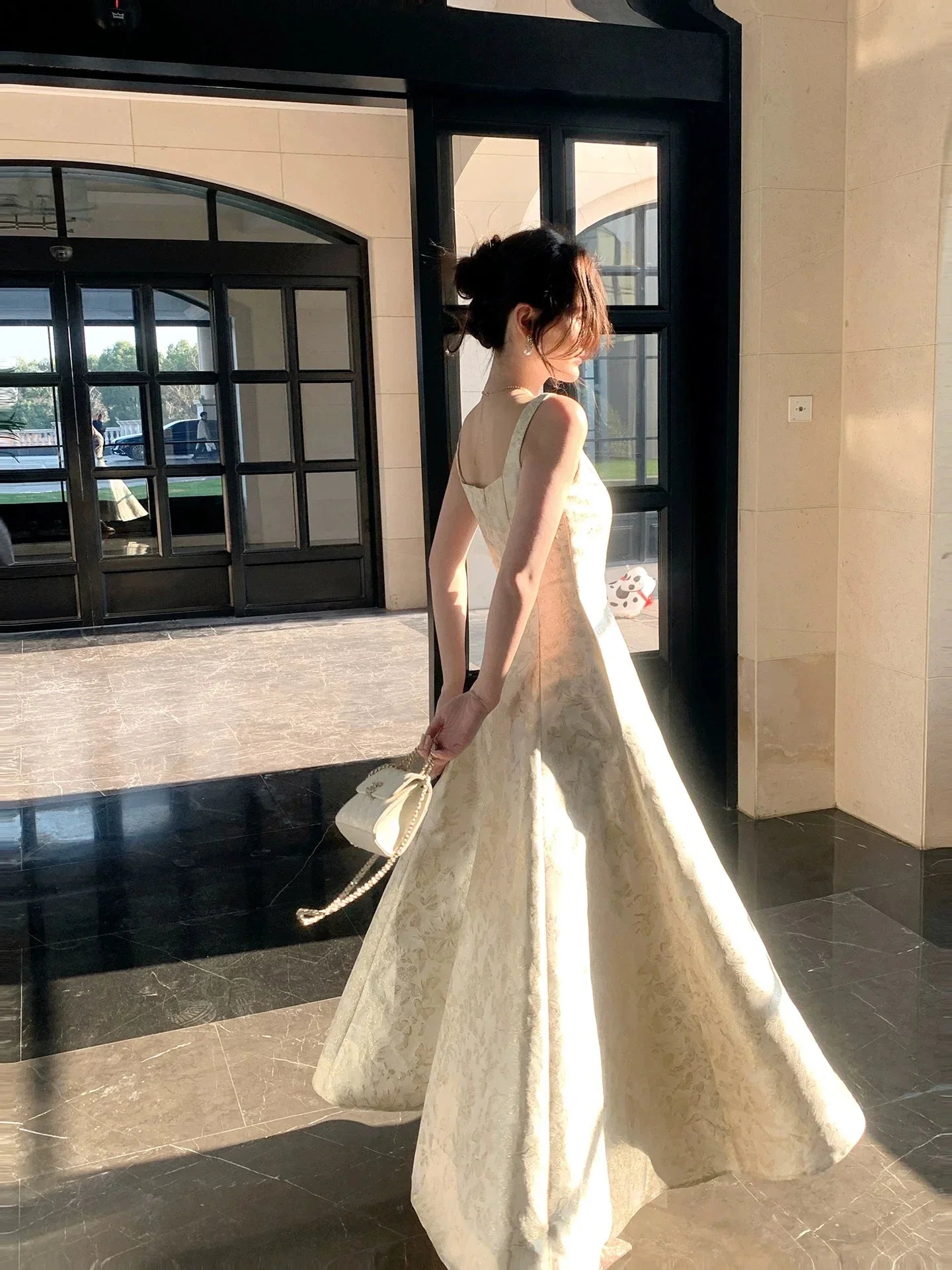 Ivory Square Neck Jacquard Maxi Prom Dress