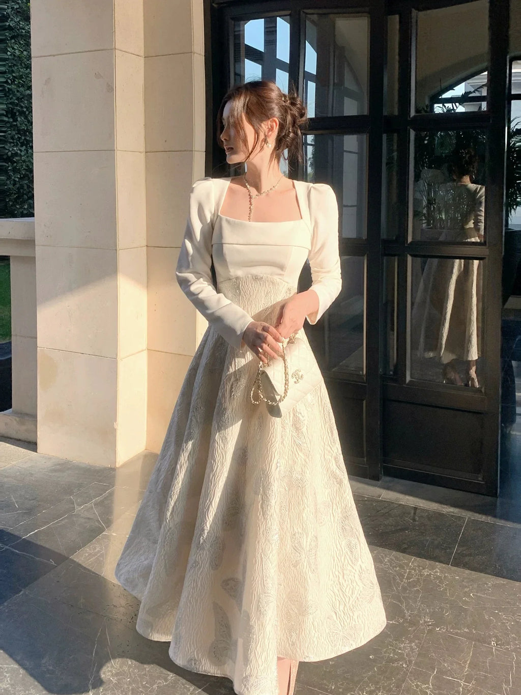 Ivory Square Neck Long Sleeve Butterfly Maxi Prom Dress