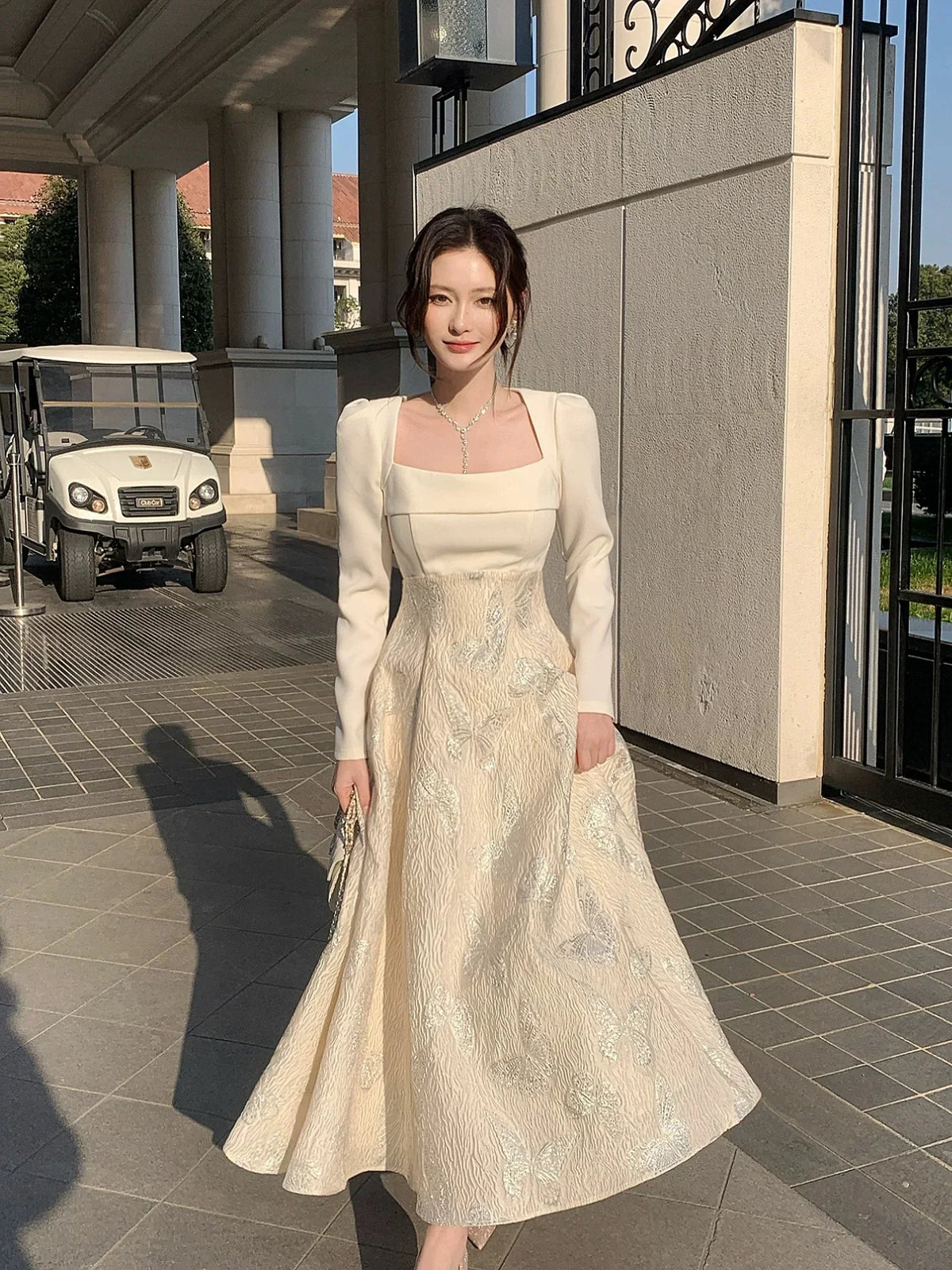 Ivory Square Neck Long Sleeve Butterfly Maxi Prom Dress