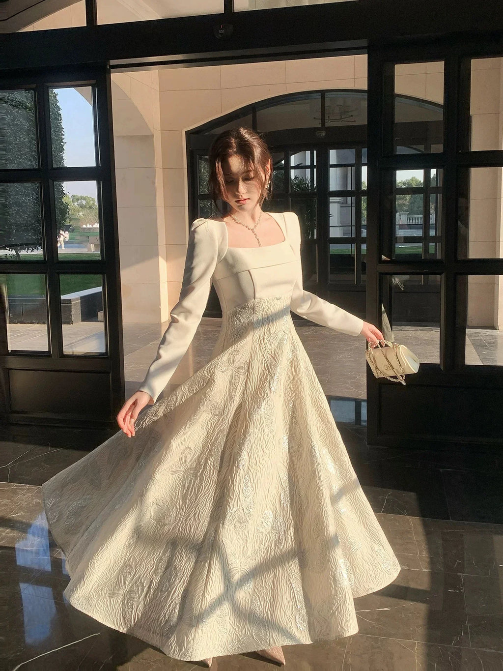 Ivory Square Neck Long Sleeve Butterfly Maxi Prom Dress