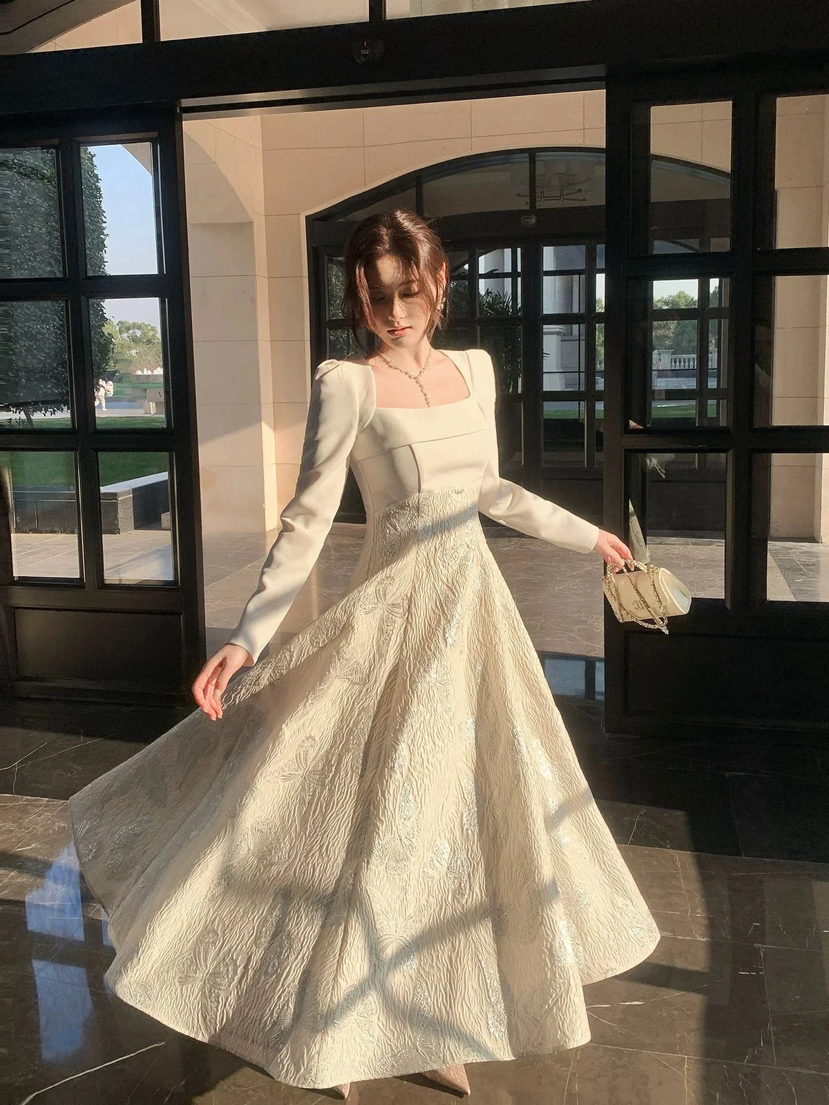 Ivory Square Neck Long Sleeve Butterfly Maxi Prom Dress