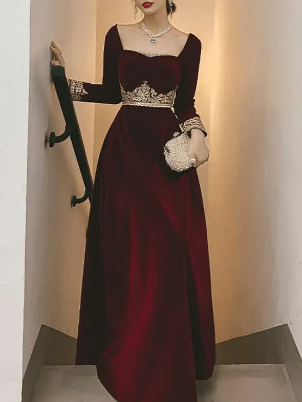 Burgundy Square Neck Long Sleeve Waist Floor-Length Prom Dress