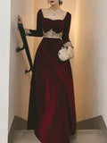 Burgundy Square Neck Long Sleeve Waist Floor-Length Prom Dress