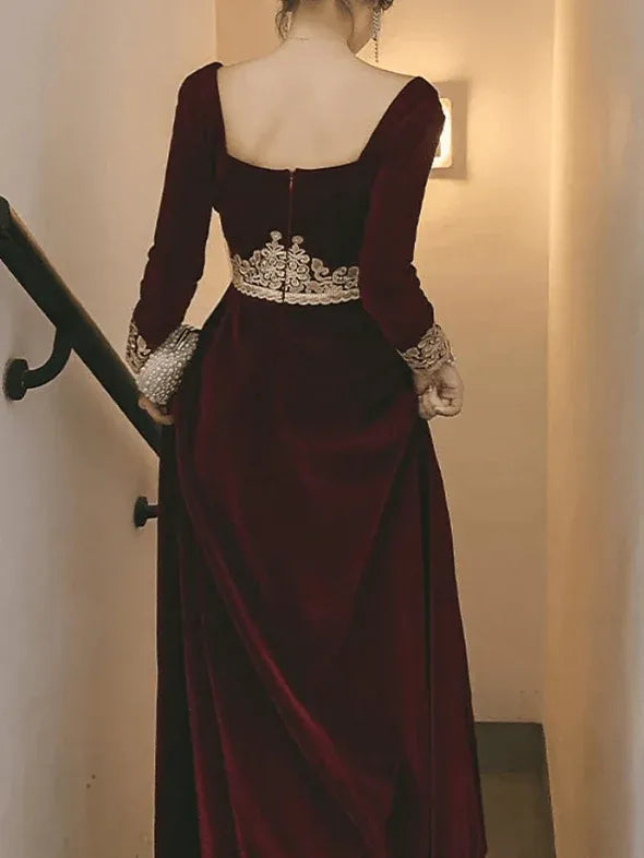 Burgundy Square Neck Long Sleeve Waist Floor-Length Prom Dress