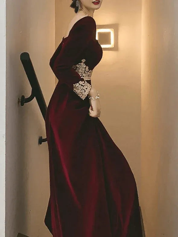 Burgundy Square Neck Long Sleeve Waist Floor-Length Prom Dress