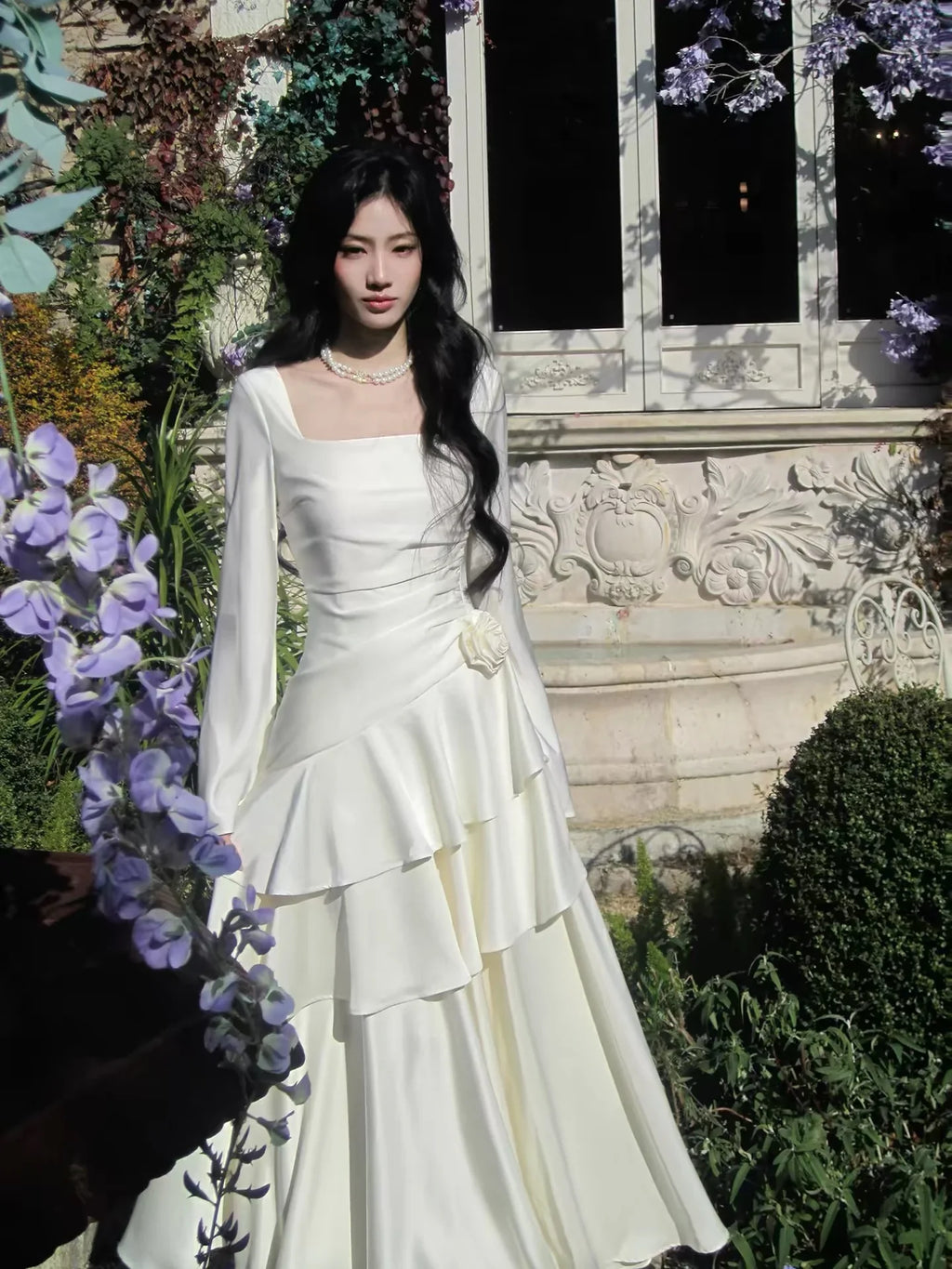 Ivory Square Neck Long Sleeve Ruffled Maxi Prom Dress