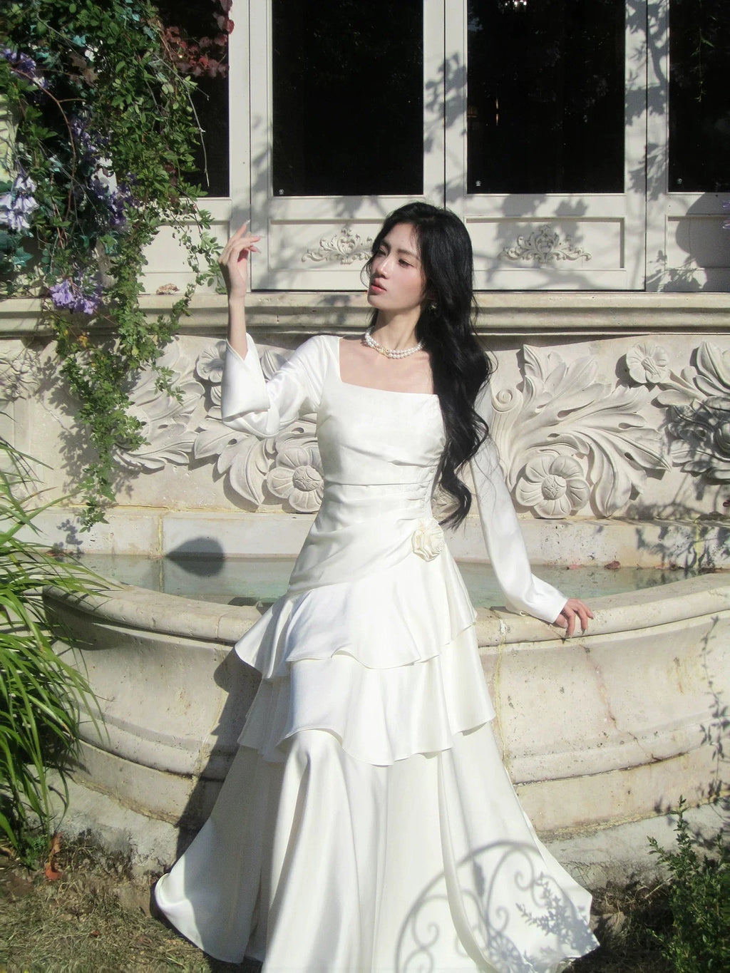 Ivory Square Neck Long Sleeve Ruffled Maxi Prom Dress