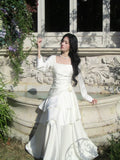 Ivory Square Neck Long Sleeve Ruffled Maxi Prom Dress