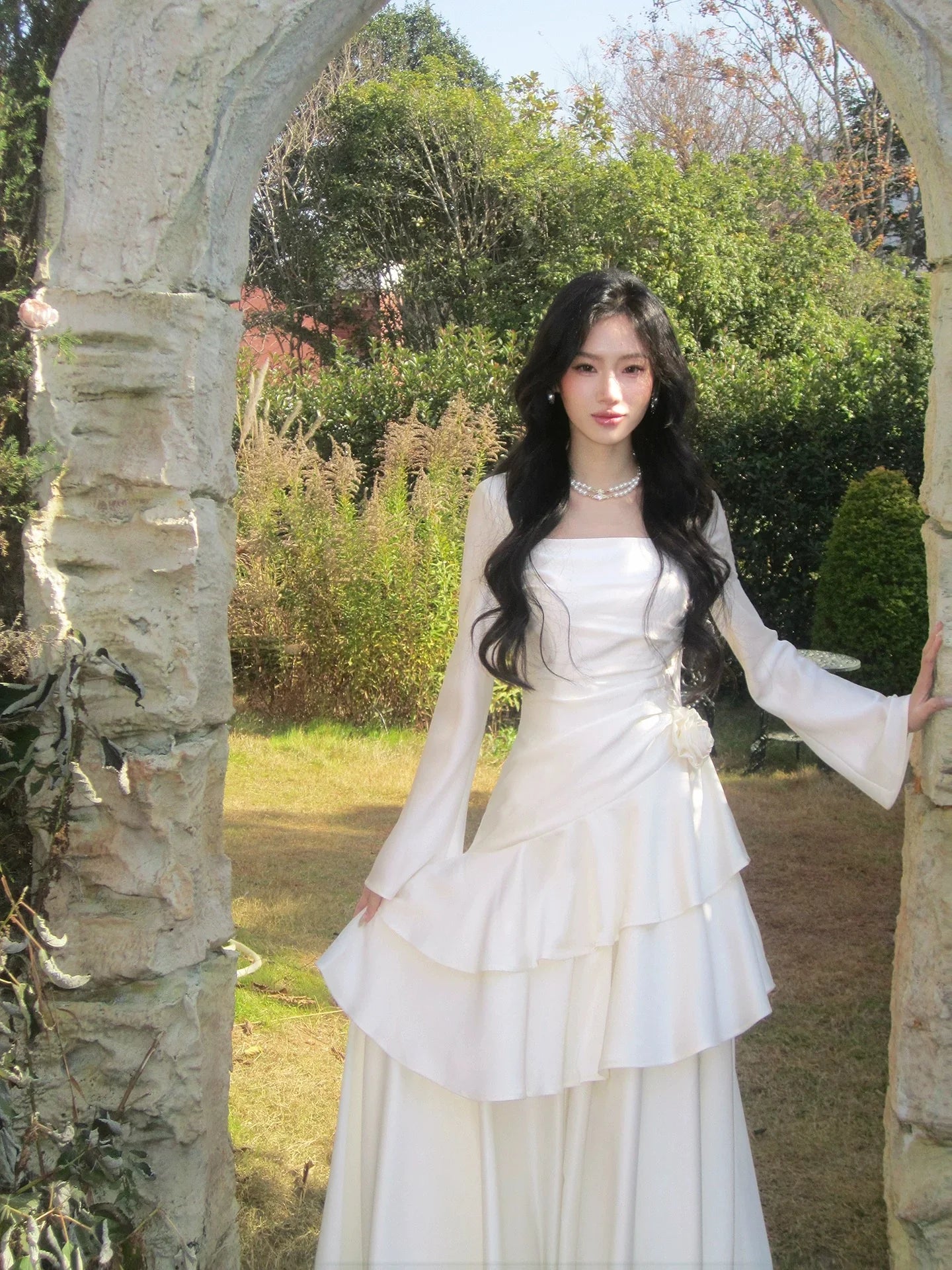 Ivory Square Neck Long Sleeve Ruffled Maxi Prom Dress