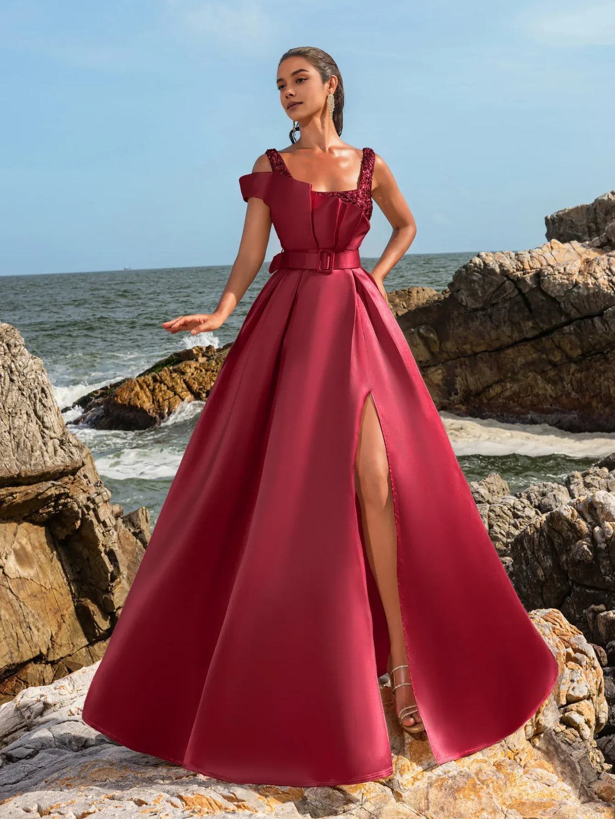 Special Occasion Sophisticated Elegant Burgundy Satin A-Line Square Neck Sleeveless Floor-Length Prom Dress