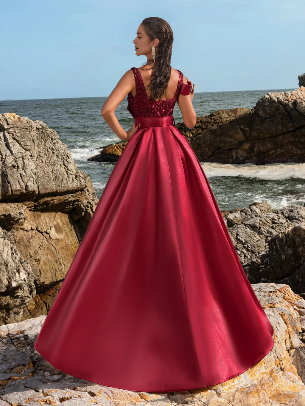 Special Occasion Sophisticated Elegant Burgundy Satin A-Line Square Neck Sleeveless Floor-Length Prom Dress