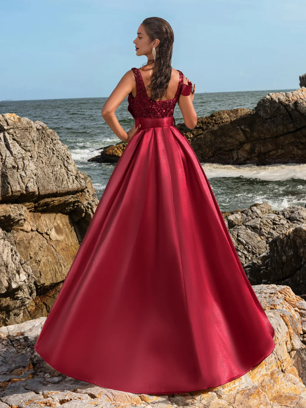 Special Occasion Sophisticated Elegant Burgundy Satin A-Line Square Neck Sleeveless Floor-Length Prom Dress