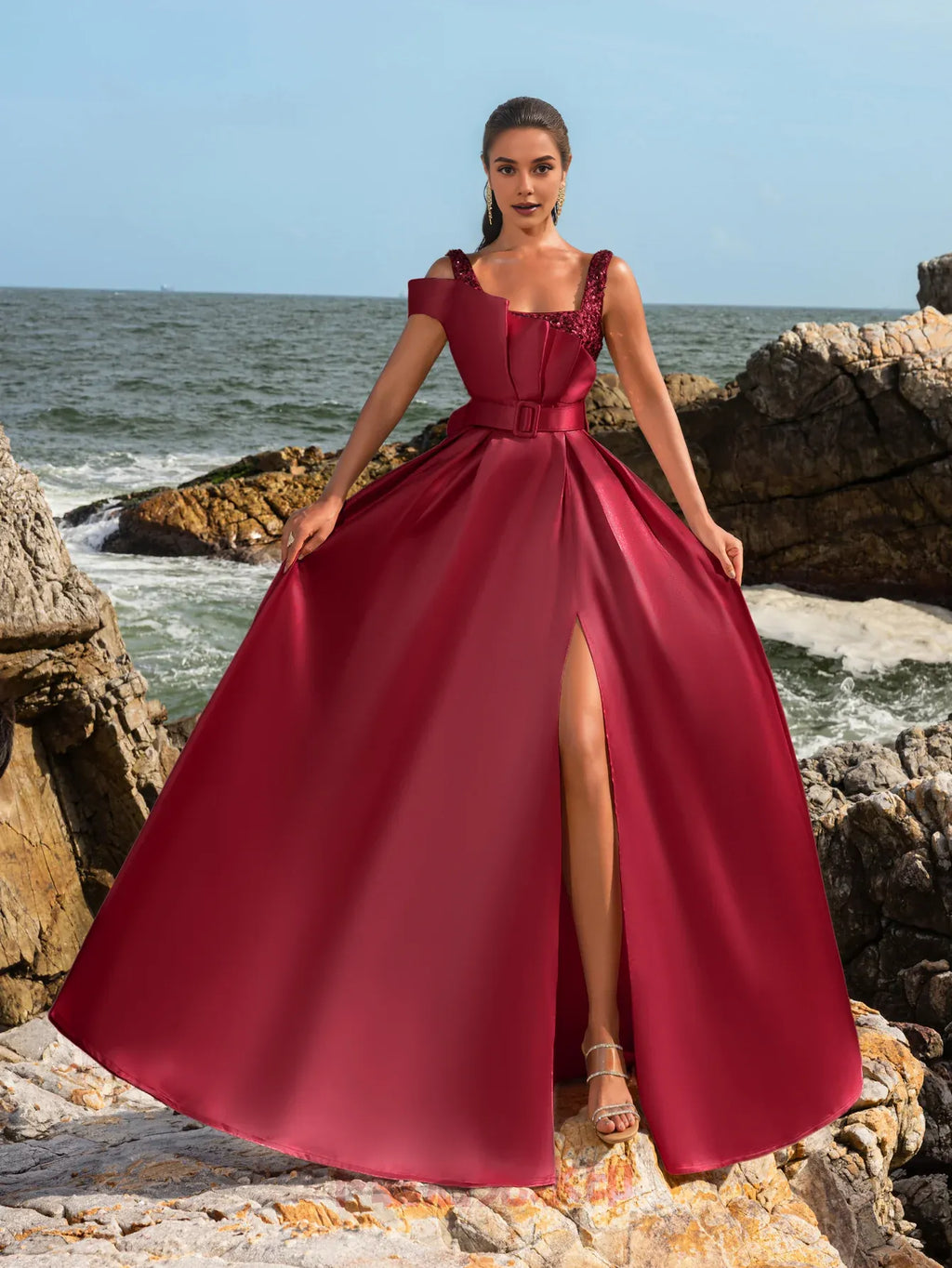 Special Occasion Sophisticated Elegant Burgundy Satin A-Line Square Neck Sleeveless Floor-Length Prom Dress