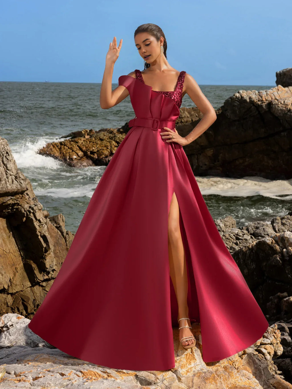Special Occasion Sophisticated Elegant Burgundy Satin A-Line Square Neck Sleeveless Floor-Length Prom Dress