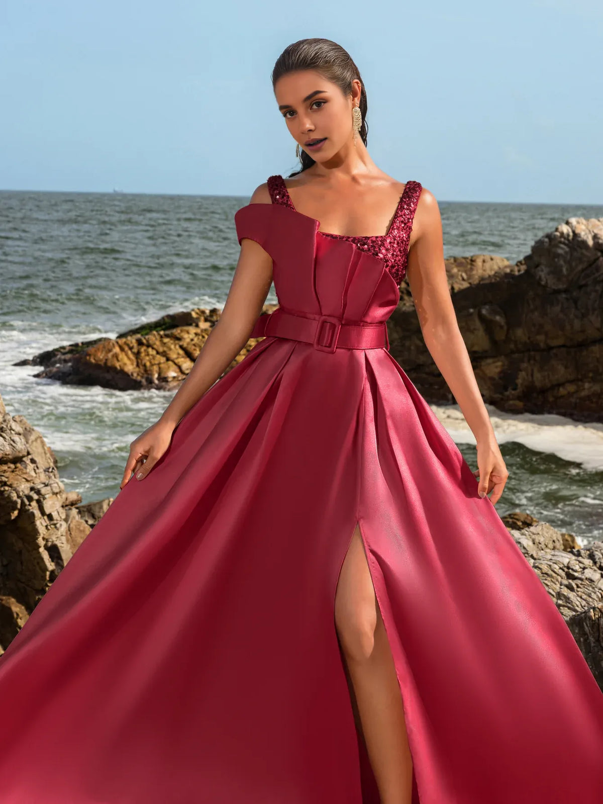 Special Occasion Sophisticated Elegant Burgundy Satin A-Line Square Neck Sleeveless Floor-Length Prom Dress