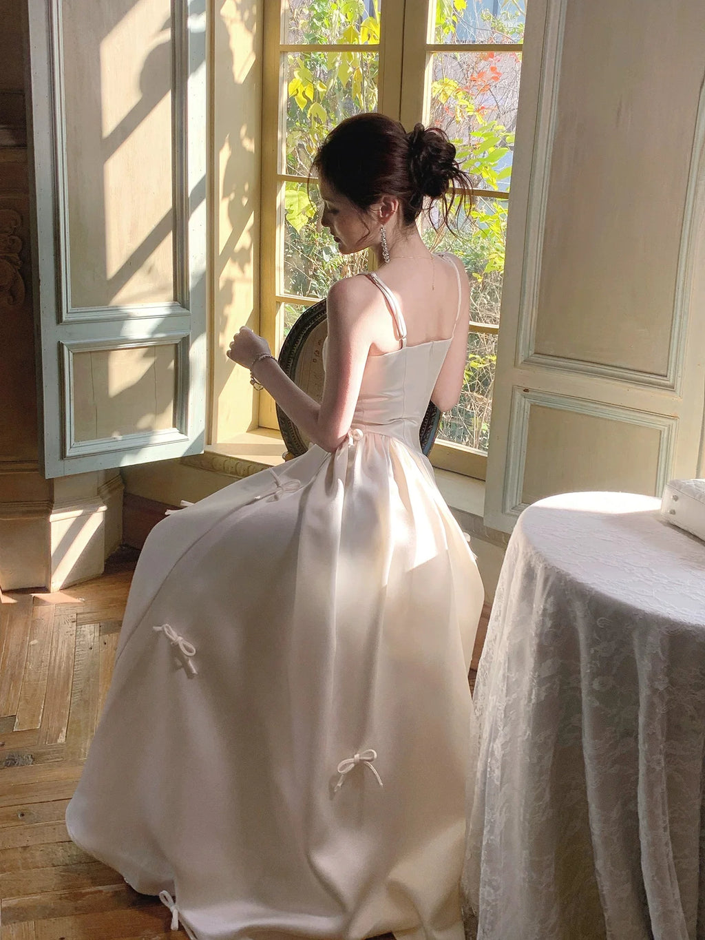 Ivory Square Neck Sleeveless Bow Maxi Prom Dress