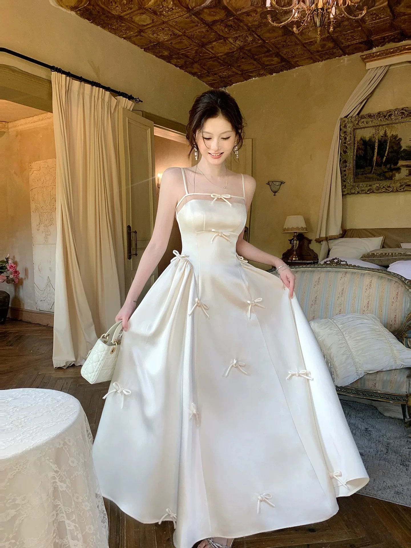 Ivory Square Neck Sleeveless Bow Maxi Prom Dress