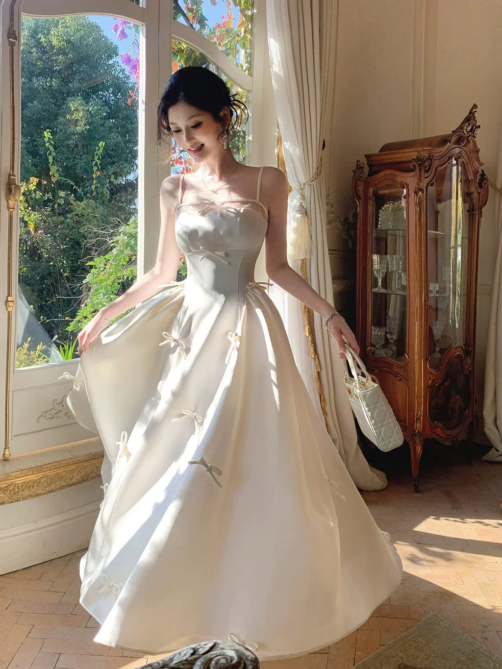 Ivory Square Neck Sleeveless Bow Maxi Prom Dress