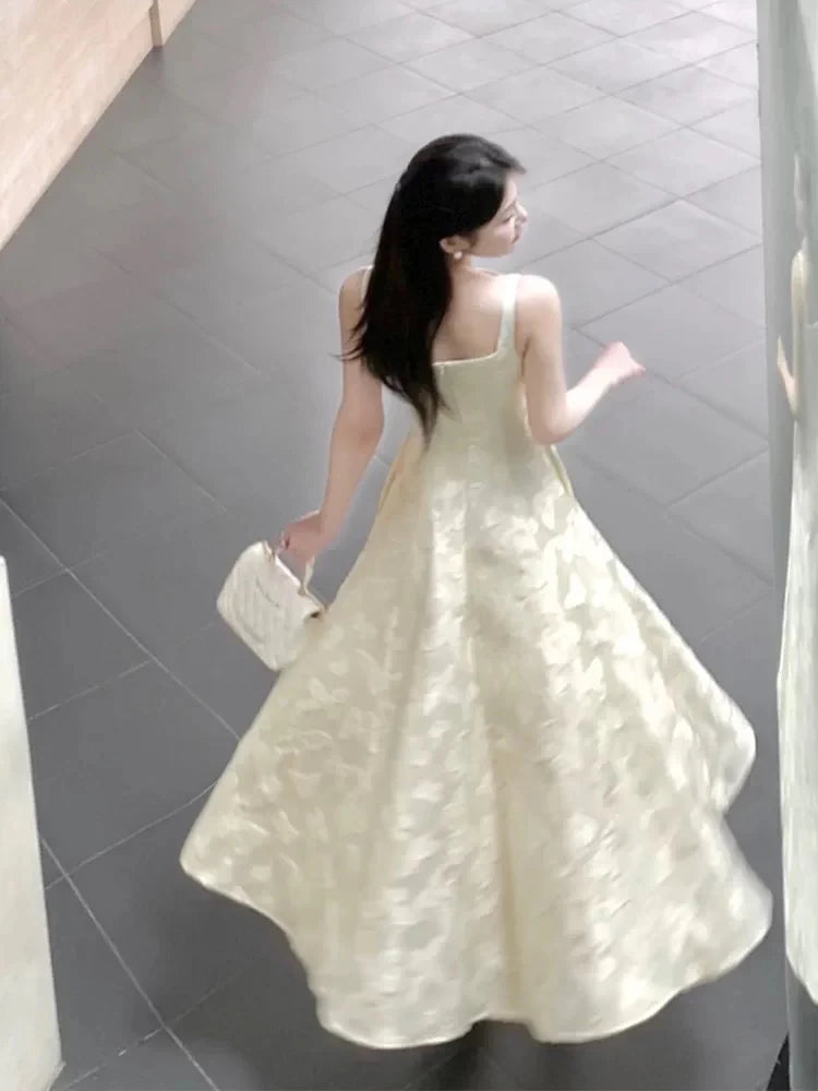 Ivory Square Neck Sleeveless Embroide Ivory Maxi Prom Dress