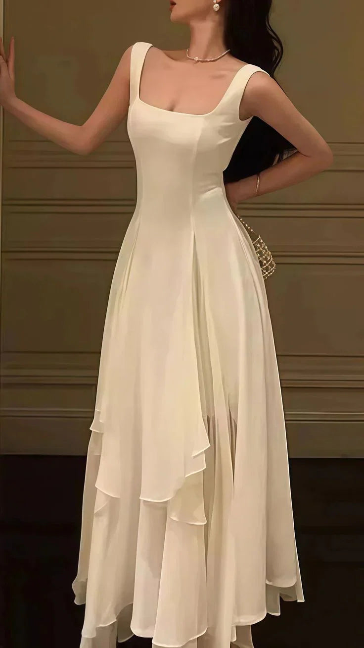 Ivory Square Neck Sleeveless Ruffled Maxi Prom Dress