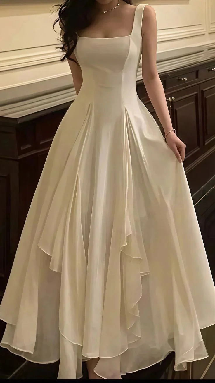 Ivory Square Neck Sleeveless Ruffled Maxi Prom Dress