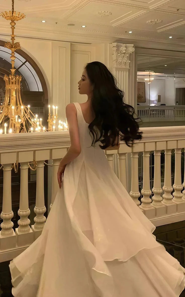 Ivory Square Neck Sleeveless Ruffled Maxi Prom Dress