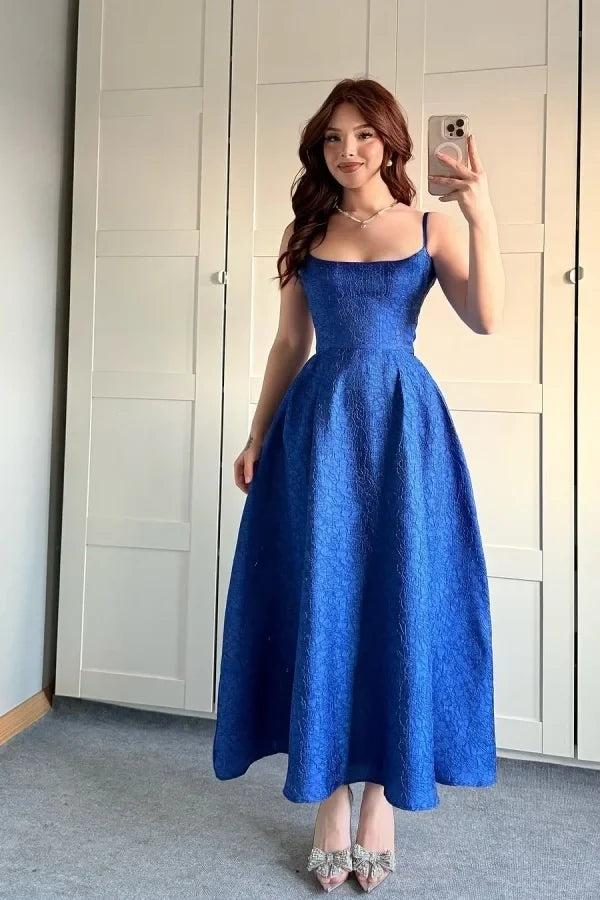 Blue Square Neck Spaghetti Strap Royal Midi Prom Dress
