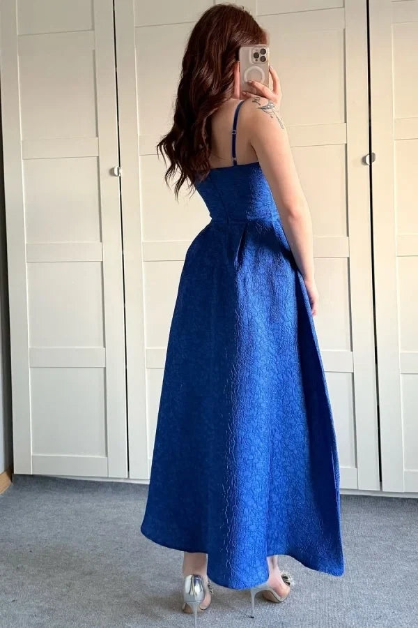 Blue Square Neck Spaghetti Strap Royal Midi Prom Dress