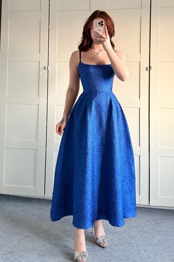 Blue Square Neck Spaghetti Strap Royal Midi Prom Dress