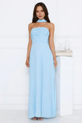 Straight Neck Sleeveless Lace-Up Back Floor-Length Pleated Prom Dresses With Scarf