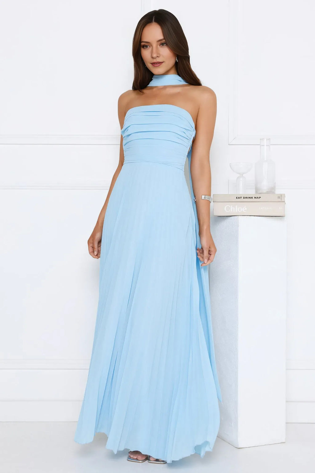 Straight Neck Sleeveless Lace-Up Back Floor-Length Pleated Prom Dresses With Scarf