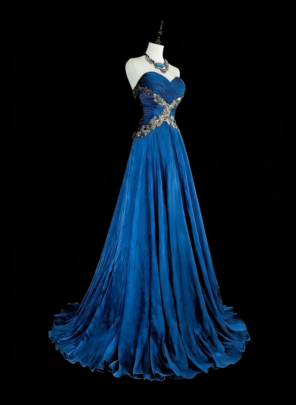 Blue Strapless Beaded Royal Maxi Prom Dress