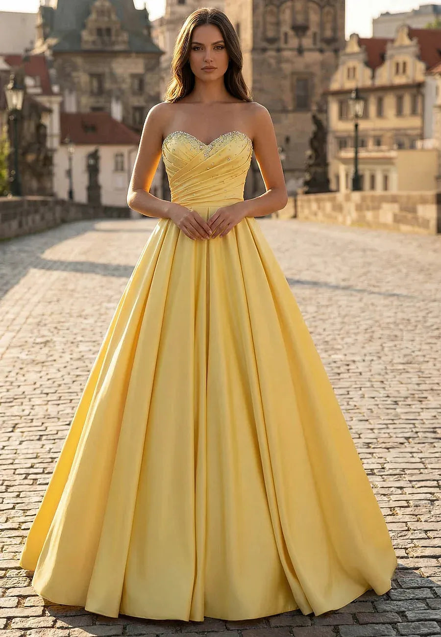 Yellow Strapless Beaded Evening Dress
