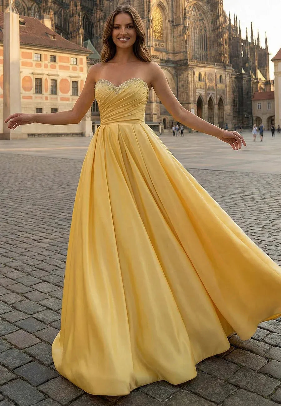 Yellow Strapless Beaded Evening Dress