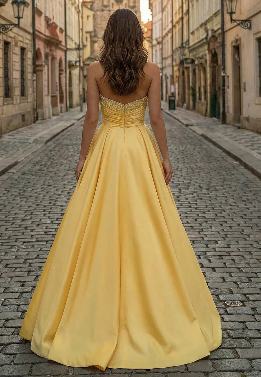 Yellow Strapless Beaded Evening Dress