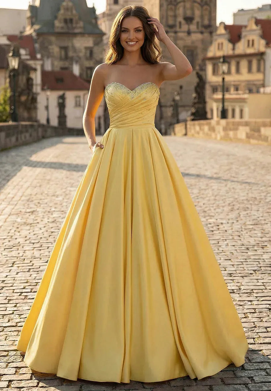 Yellow Strapless Beaded Evening Dress