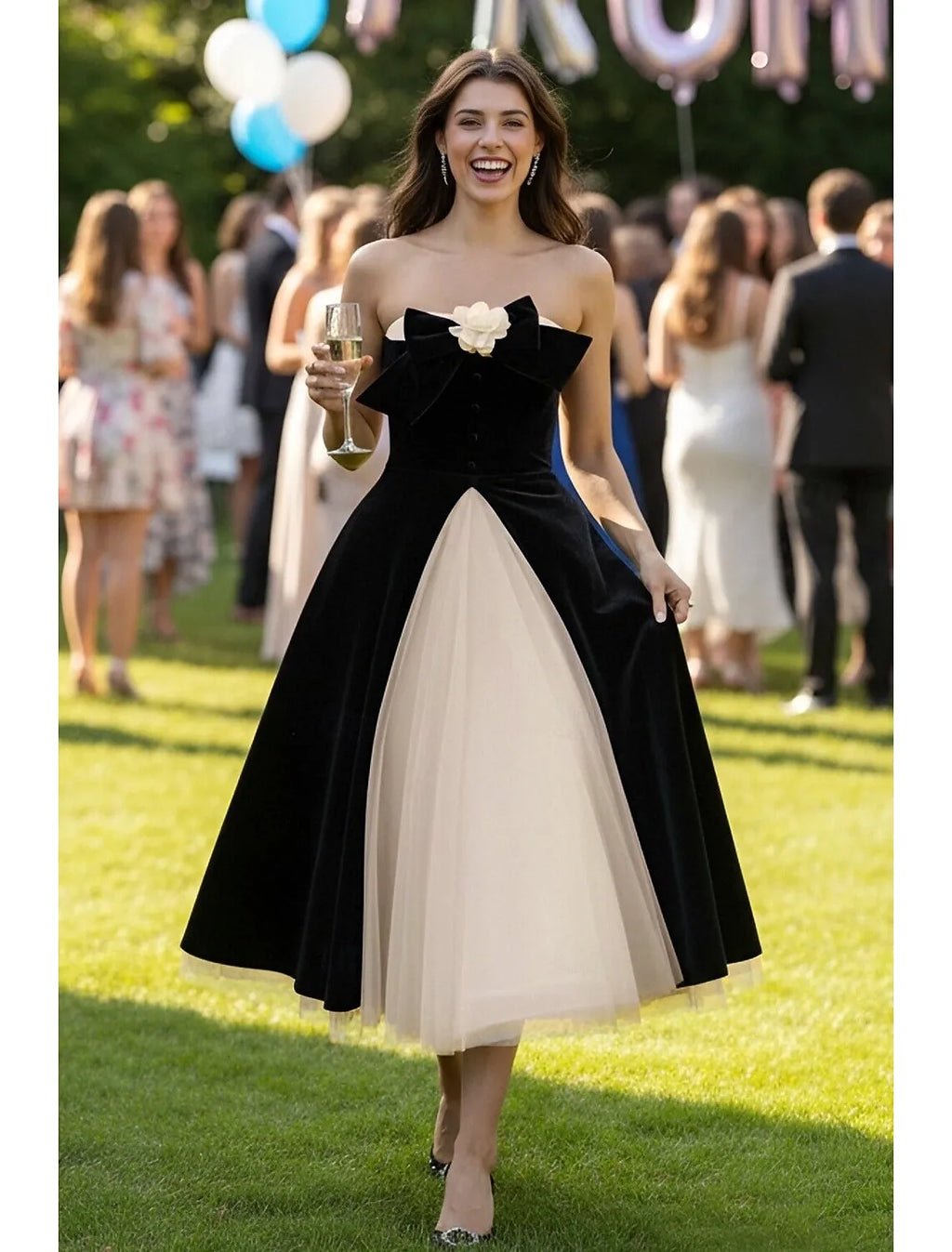 Black Strapless Bow Floral Champagne Tea Length Prom Dress