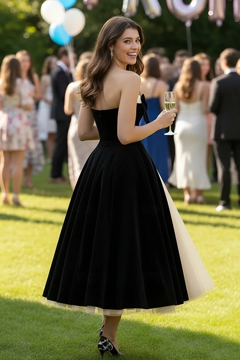Black Strapless Bow Floral Champagne Tea Length Prom Dress