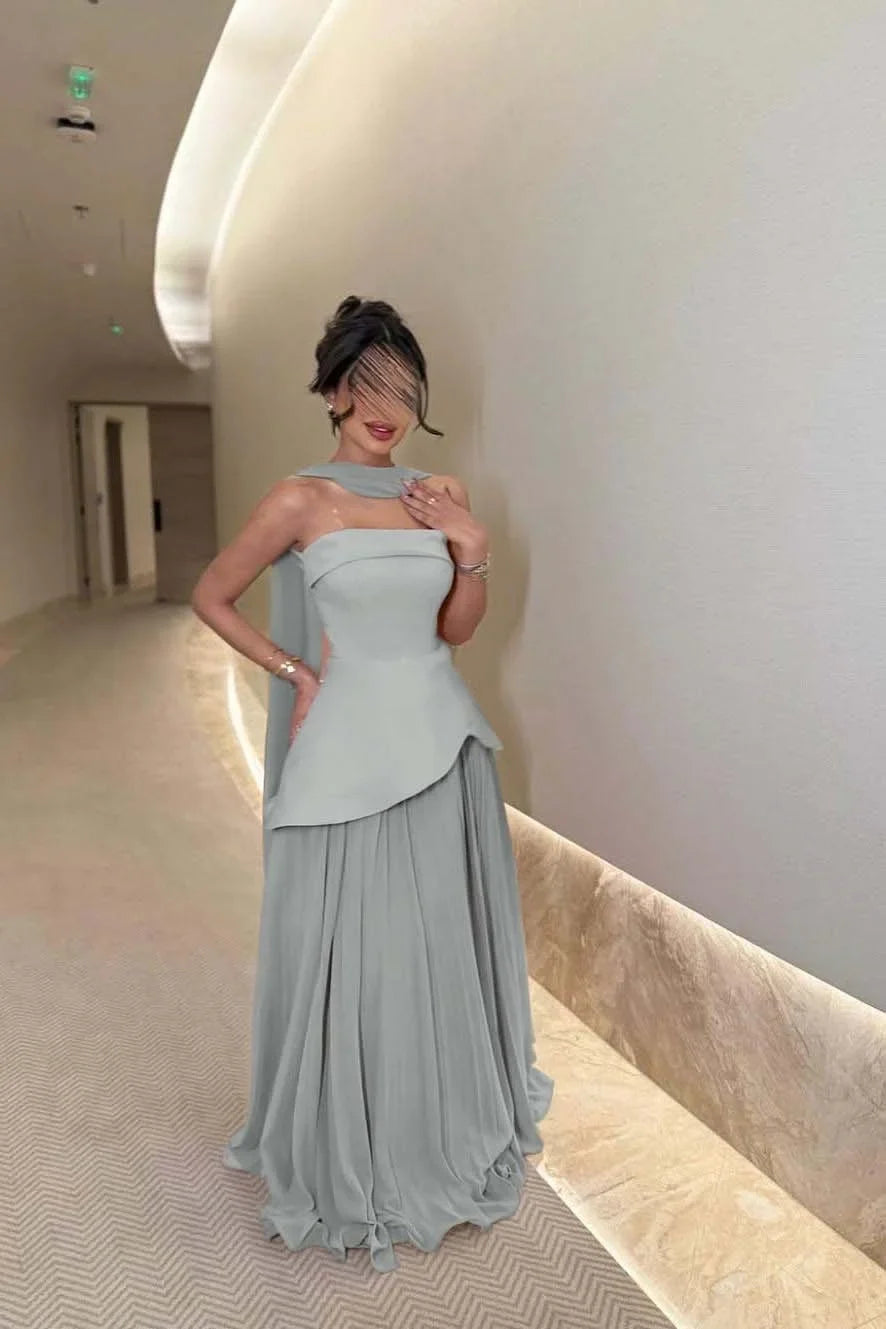 Strapless Draped Sage Floor-Length Prom Dress