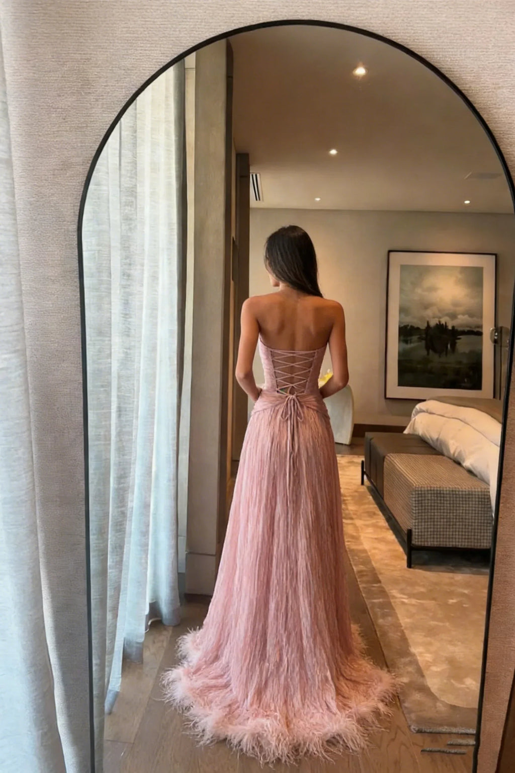 Blush Pink Strapless Feather Blush Maxi Prom Dress