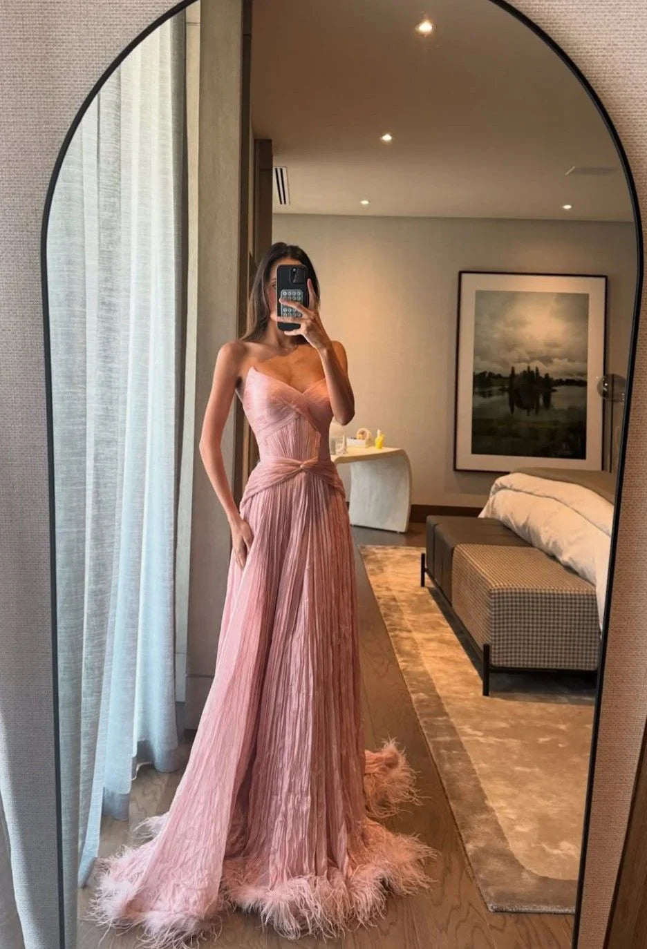 Blush Pink Strapless Feather Blush Maxi Prom Dress