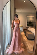 Blush Pink Strapless Feather Blush Maxi Prom Dress
