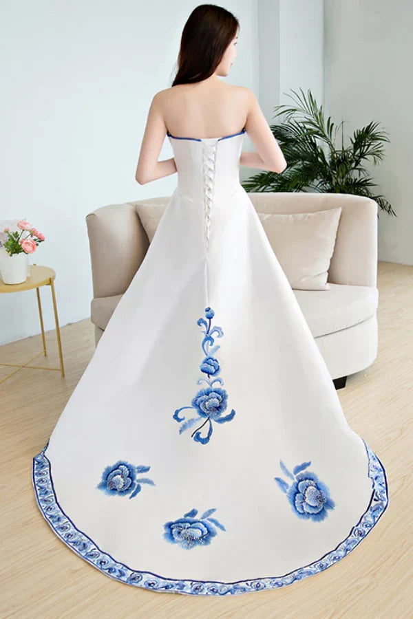 White Strapless Floral-Embroidered White Prom Dresses