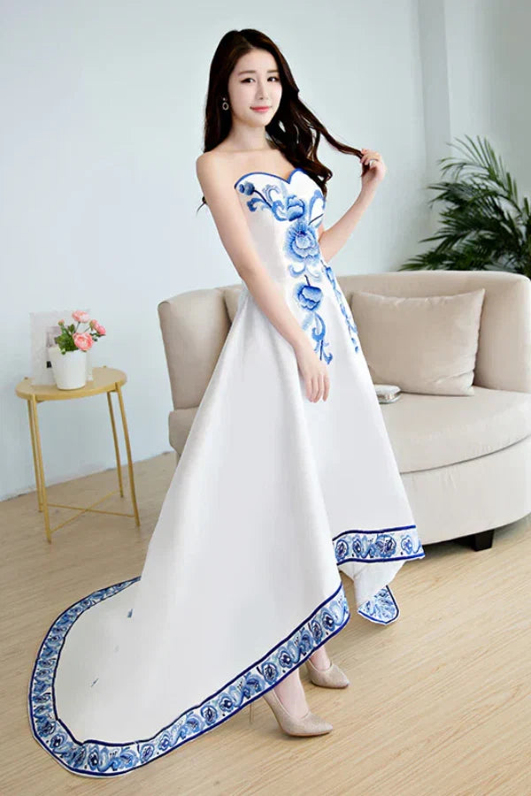 White Strapless Floral-Embroidered White Prom Dresses