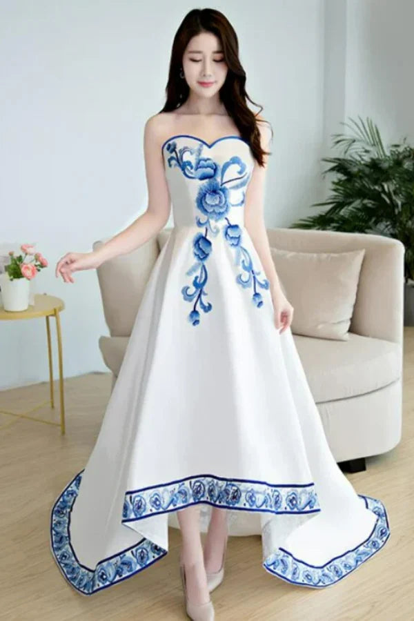 White Strapless Floral-Embroidered White Prom Dresses