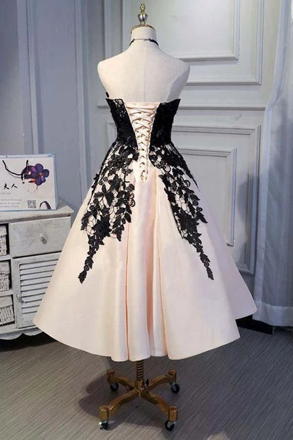 Black Strapless Pink Tea-Length Party Dress