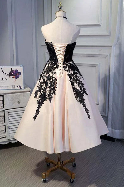 Elegant Pink Lace A-Line Strapless Classic-Sleeve Lace-Up-Back Tea-Length Evening Dress