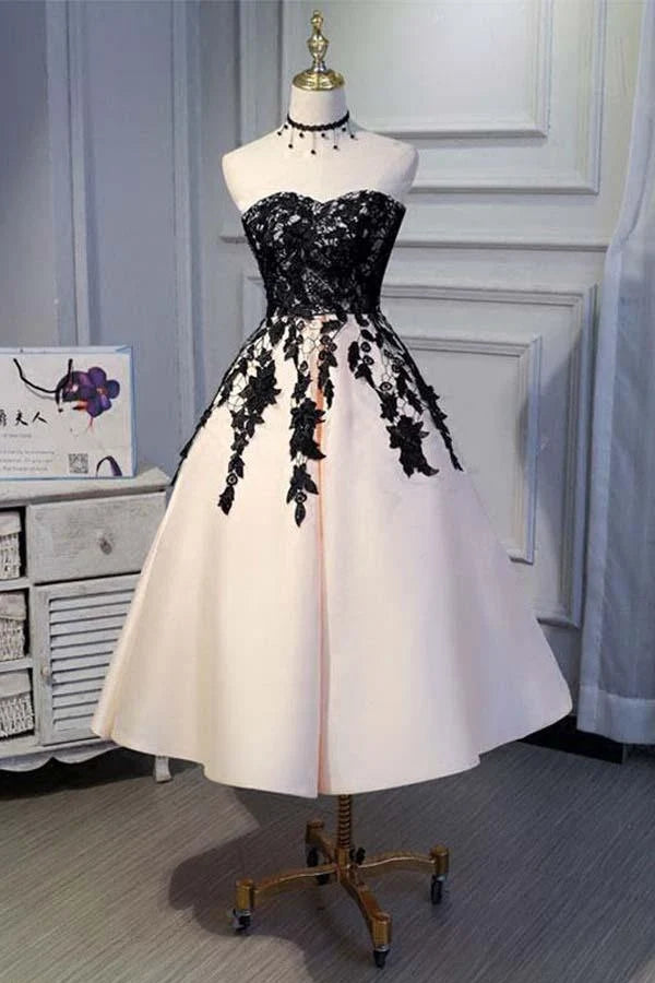 Black Strapless Pink Tea-Length Party Dress
